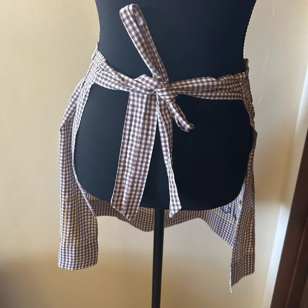 Hand Crafted Brown and White Gingham Kitchen Half Apron with Yellow Accent